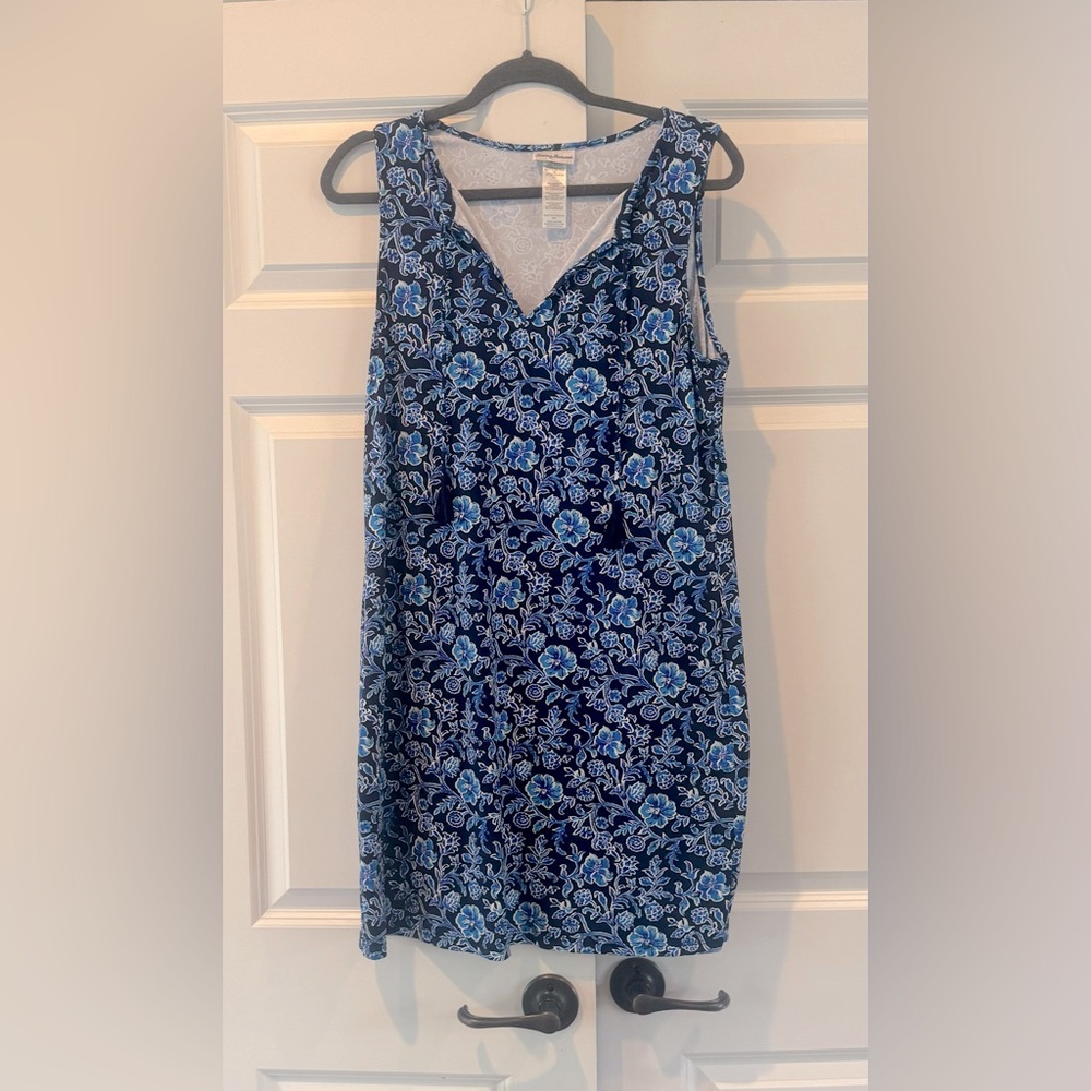 Tommy Bahama Woodblock Tie Neck Floral Dress Mare Navy Blue women sz Medium